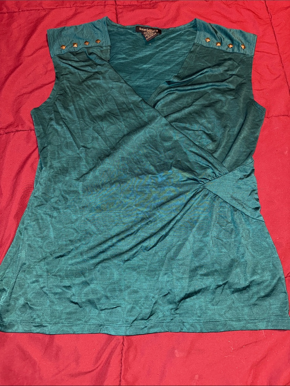 Susan Lawrence Teal Faux-Wrap Sleeveless Camisole with Stud Accents